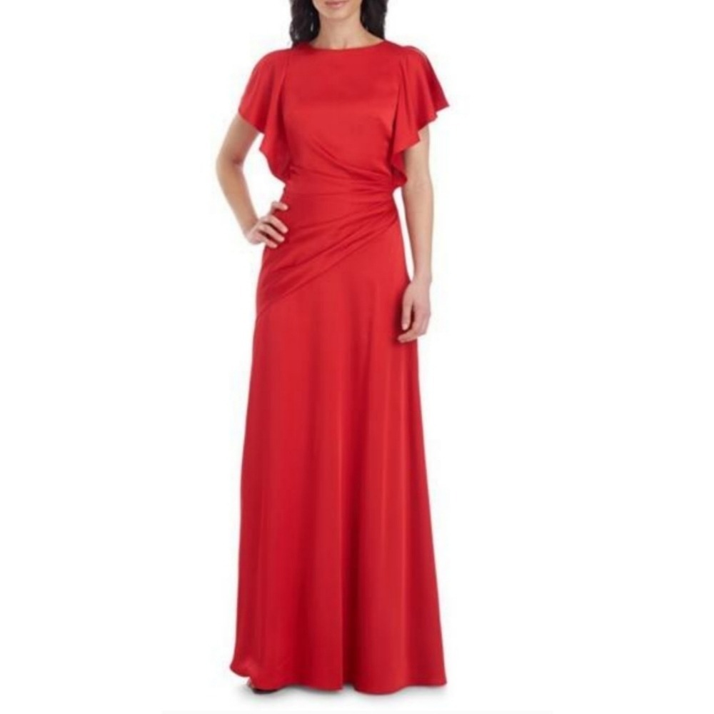 Theia Red Asymmetrical Ruched Flutter Sleeve Gown Size 8 Formal Event Black Tie